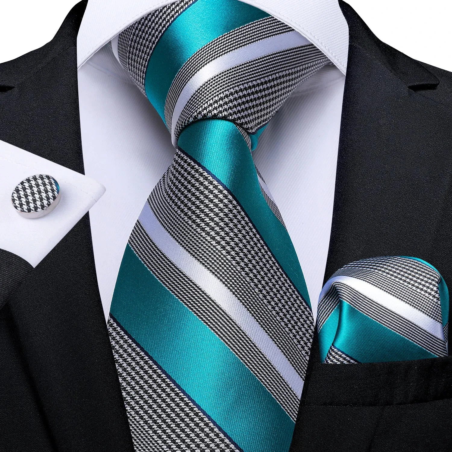 New Formal Ties Classic 100% Silk Blue Striped Necktie Handkerchief Cufflinks Gift For Men Wedding Tie Cravate Gravatas DiBanGu