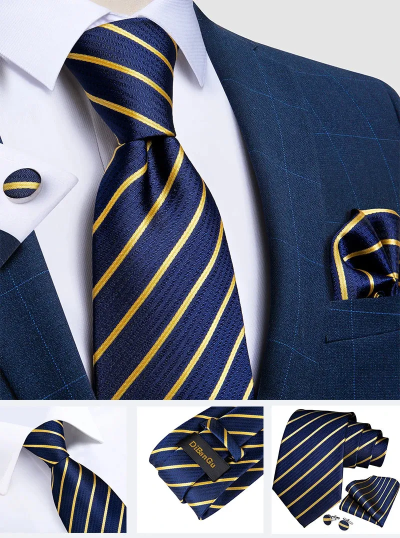 New Formal Ties Classic 100% Silk Blue Striped Necktie Handkerchief Cufflinks Gift For Men Wedding Tie Cravate Gravatas DiBanGu