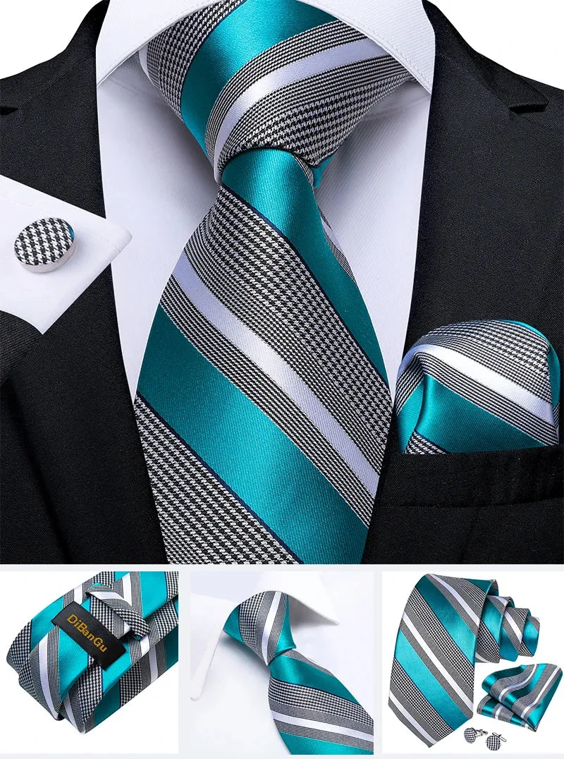 New Formal Ties Classic 100% Silk Blue Striped Necktie Handkerchief Cufflinks Gift For Men Wedding Tie Cravate Gravatas DiBanGu