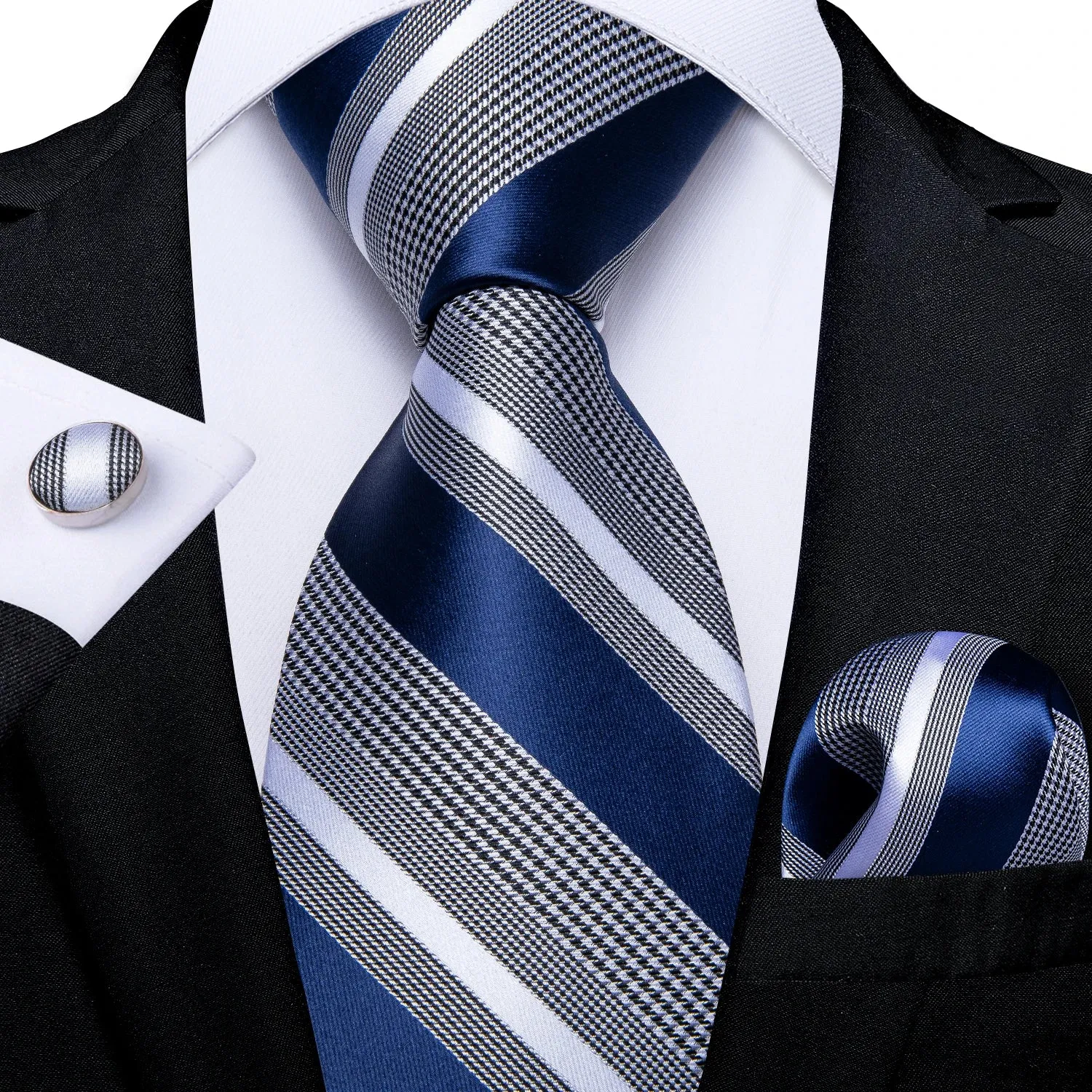 New Formal Ties Classic 100% Silk Blue Striped Necktie Handkerchief Cufflinks Gift For Men Wedding Tie Cravate Gravatas DiBanGu