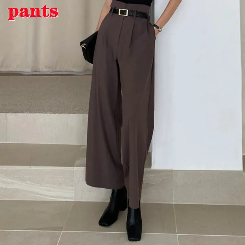 Office Lady Blazer Suits Vintage Two Piece Set Women Long Sleeve Short Blazer   High Waist Wide Leg Long Pants 2 Piece Outfits