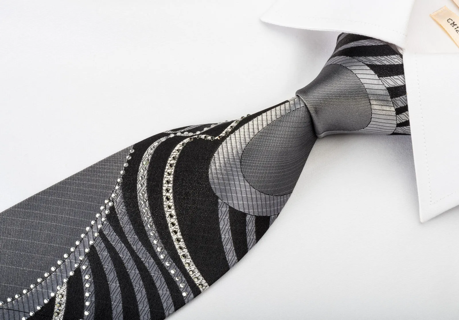 OVO Classic Rhinestone Silk Necktie Silver Geometric Waves On Black With Silver Sparkles