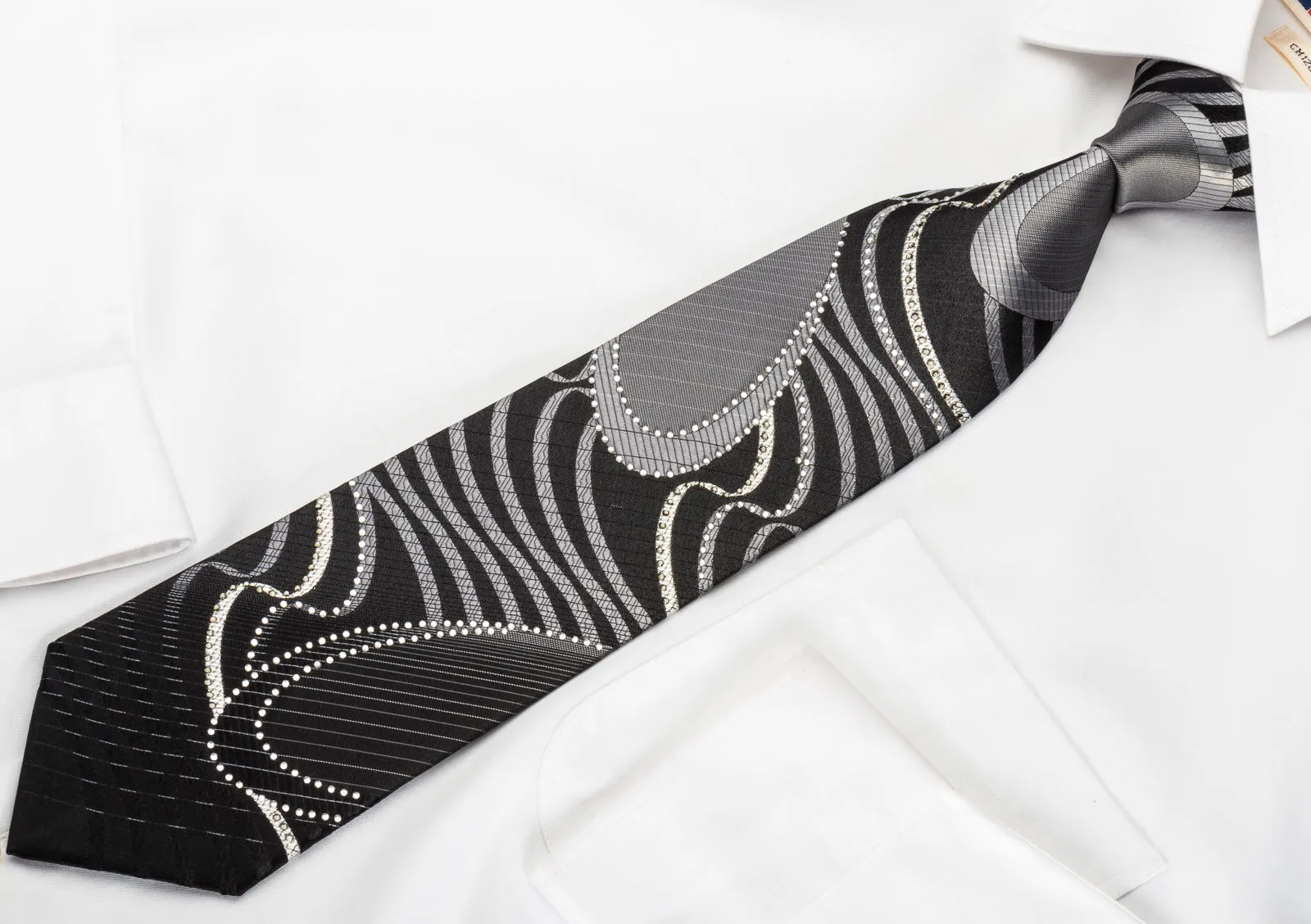 OVO Classic Rhinestone Silk Necktie Silver Geometric Waves On Black With Silver Sparkles