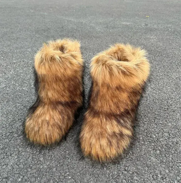 Raccoon Fur Plush Snow Boots