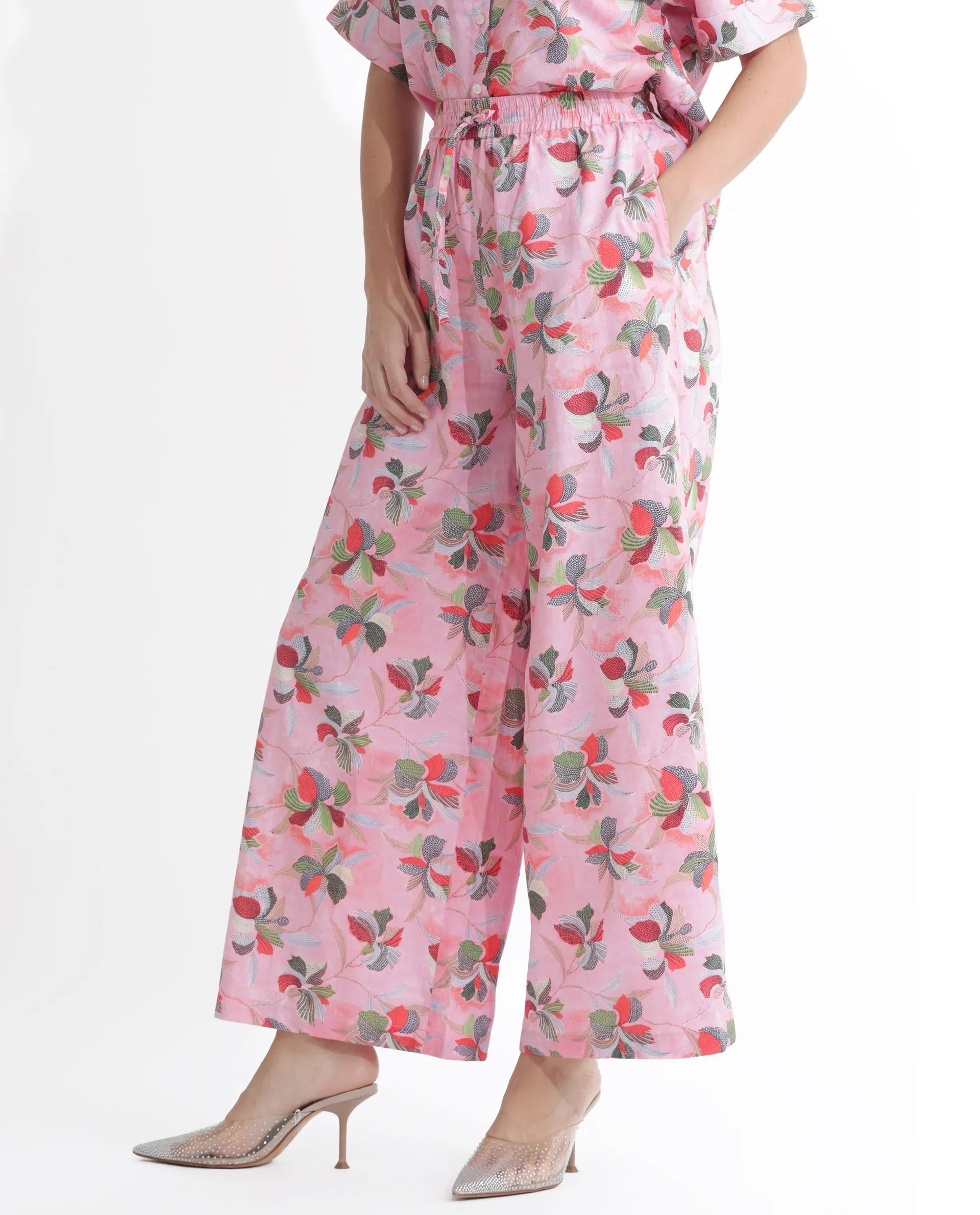 Rareism Women Kentoy-B Light Pink Cotton Fabric Drawstring Closure Flared Fit Floral Print Ankle Length Trousers