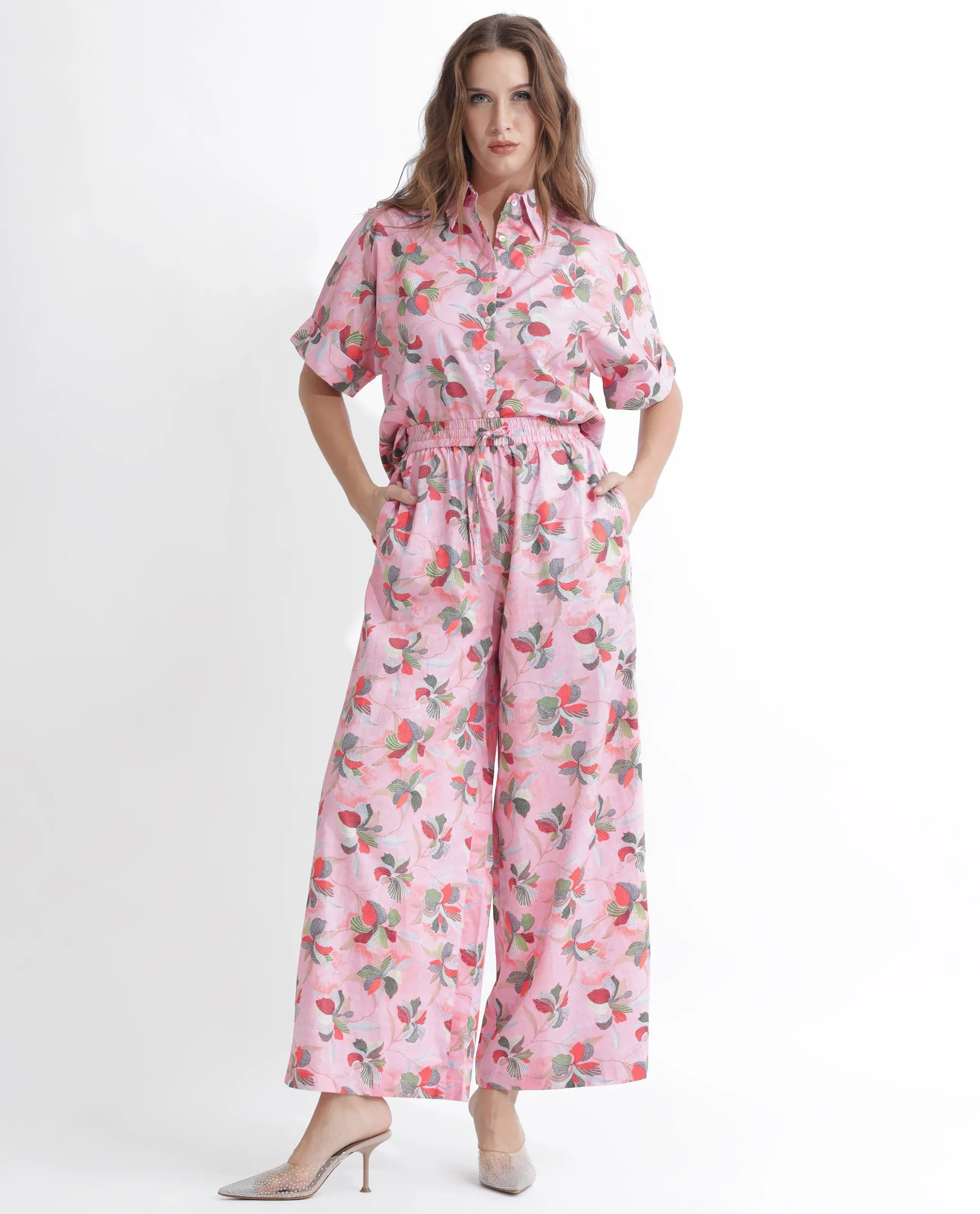 Rareism Women Kentoy-B Light Pink Cotton Fabric Drawstring Closure Flared Fit Floral Print Ankle Length Trousers