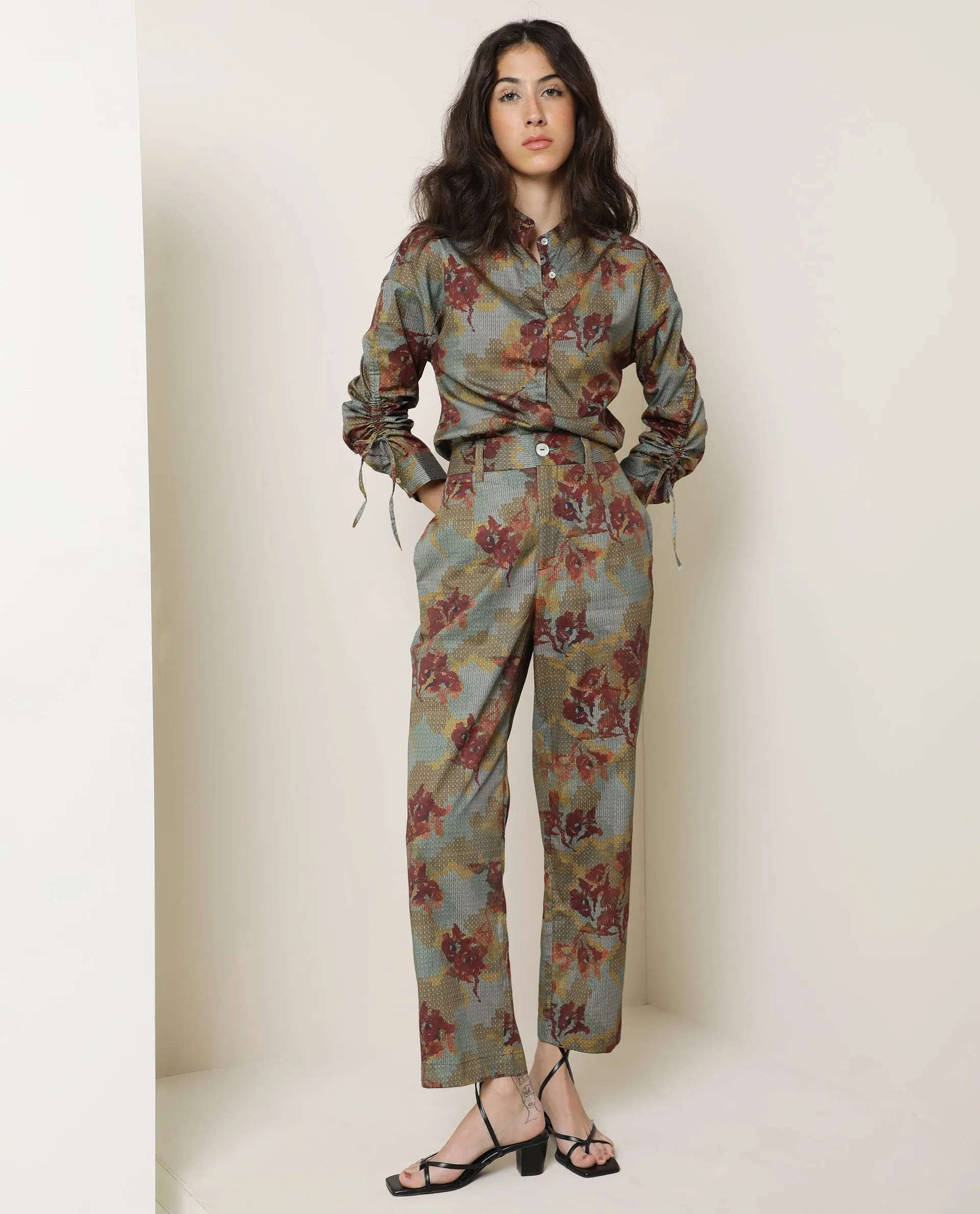 Rareism Women Milan Dark Olive Cotton Fabric Button Fly Closure Tailored Fit Floral Print Ankle Length Trousers