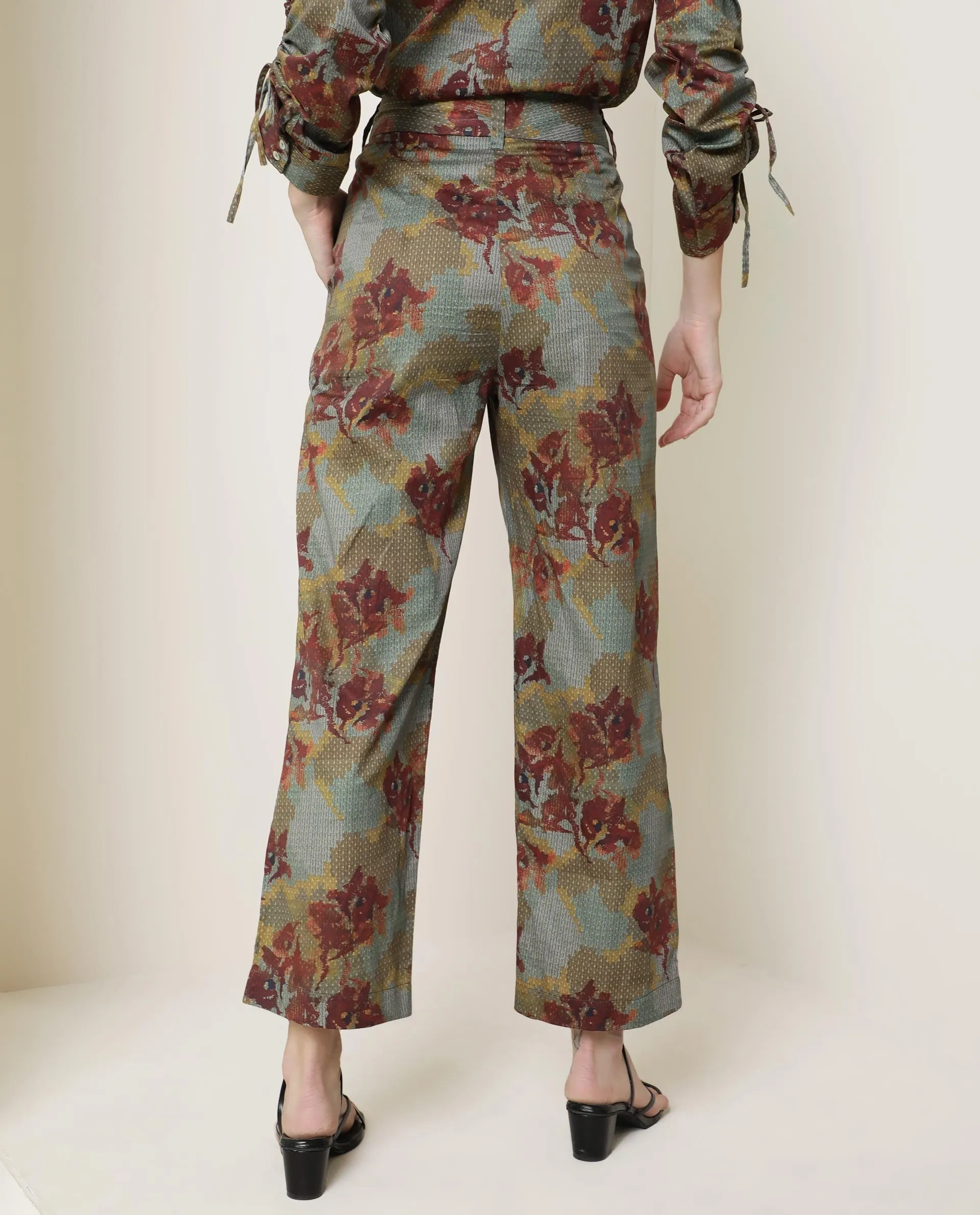 Rareism Women Milan Dark Olive Cotton Fabric Button Fly Closure Tailored Fit Floral Print Ankle Length Trousers