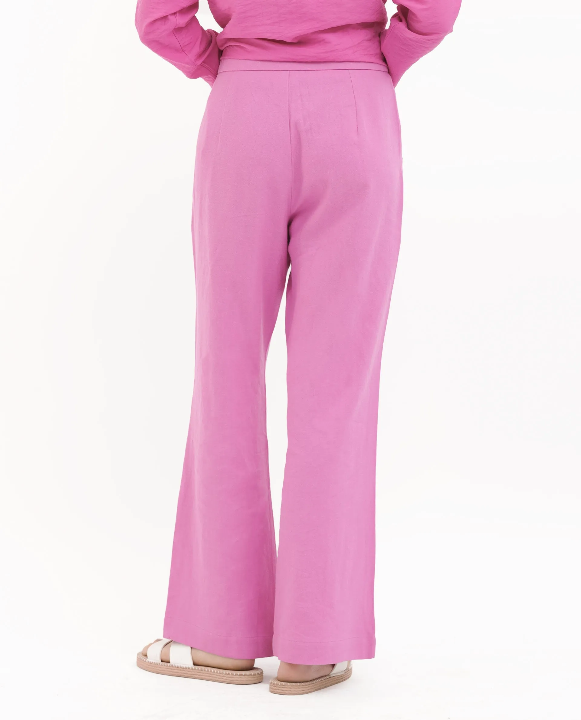 Rareism Women Rica Pastel Pink Cotton Linen Fabric Zip Closure Wide Leg Fit Plain Ankle Length Trousers