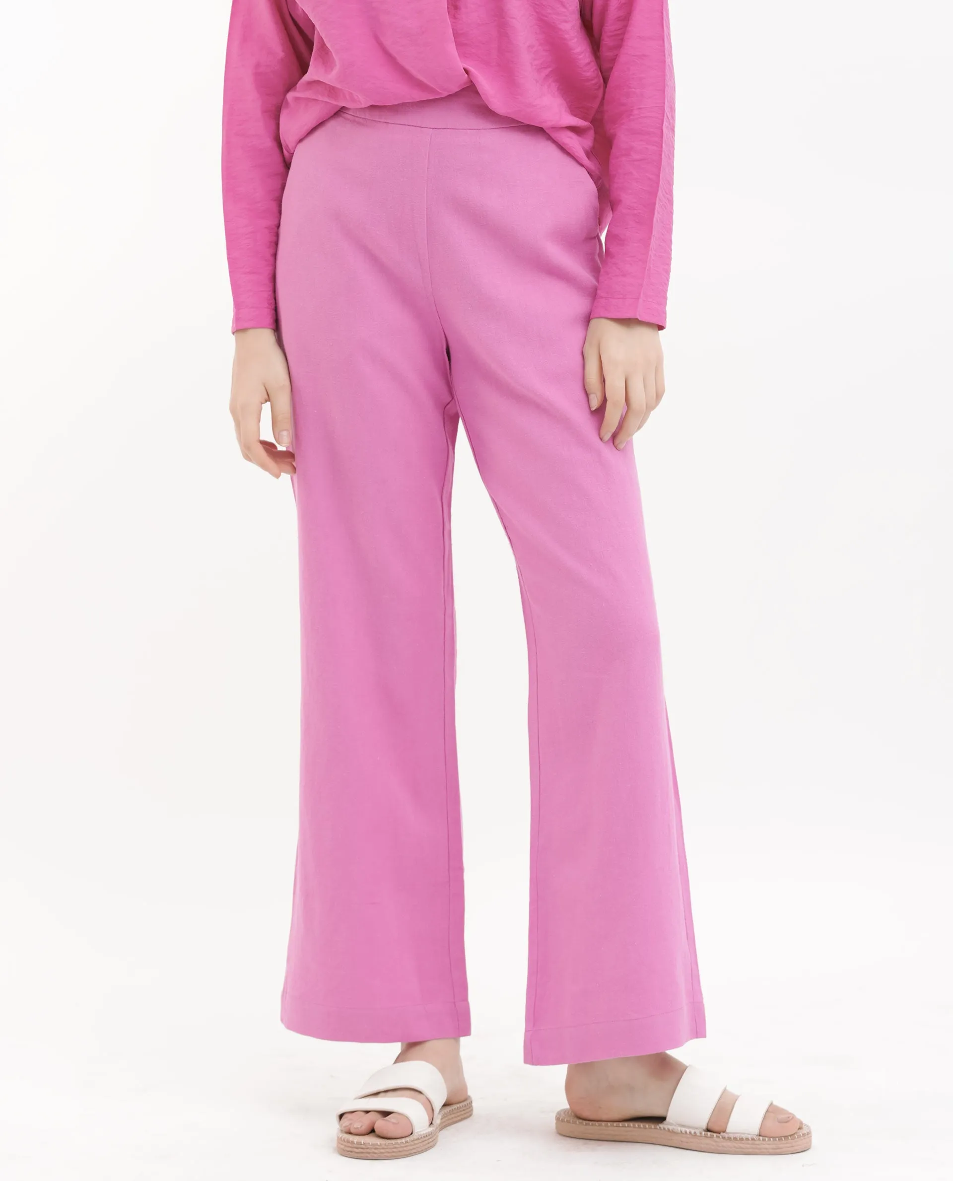 Rareism Women Rica Pastel Pink Cotton Linen Fabric Zip Closure Wide Leg Fit Plain Ankle Length Trousers