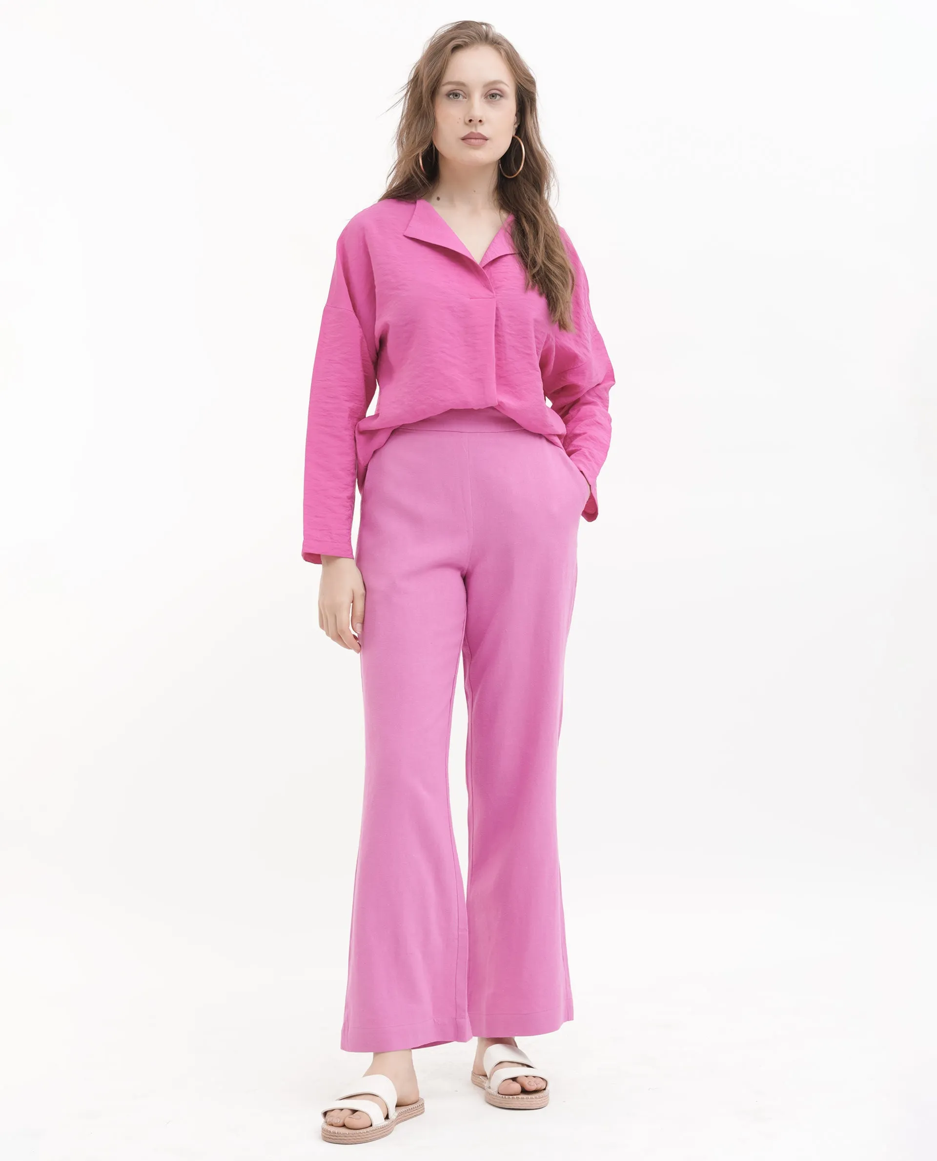 Rareism Women Rica Pastel Pink Cotton Linen Fabric Zip Closure Wide Leg Fit Plain Ankle Length Trousers