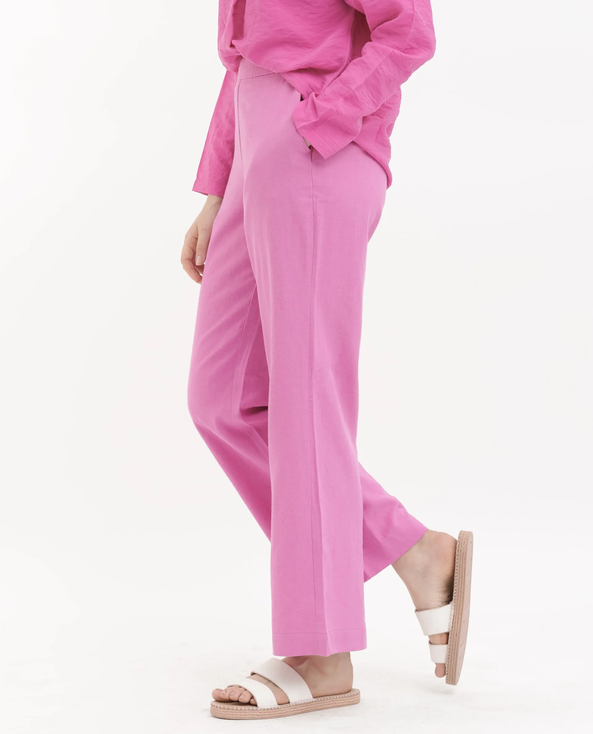 Rareism Women Rica Pastel Pink Cotton Linen Fabric Zip Closure Wide Leg Fit Plain Ankle Length Trousers