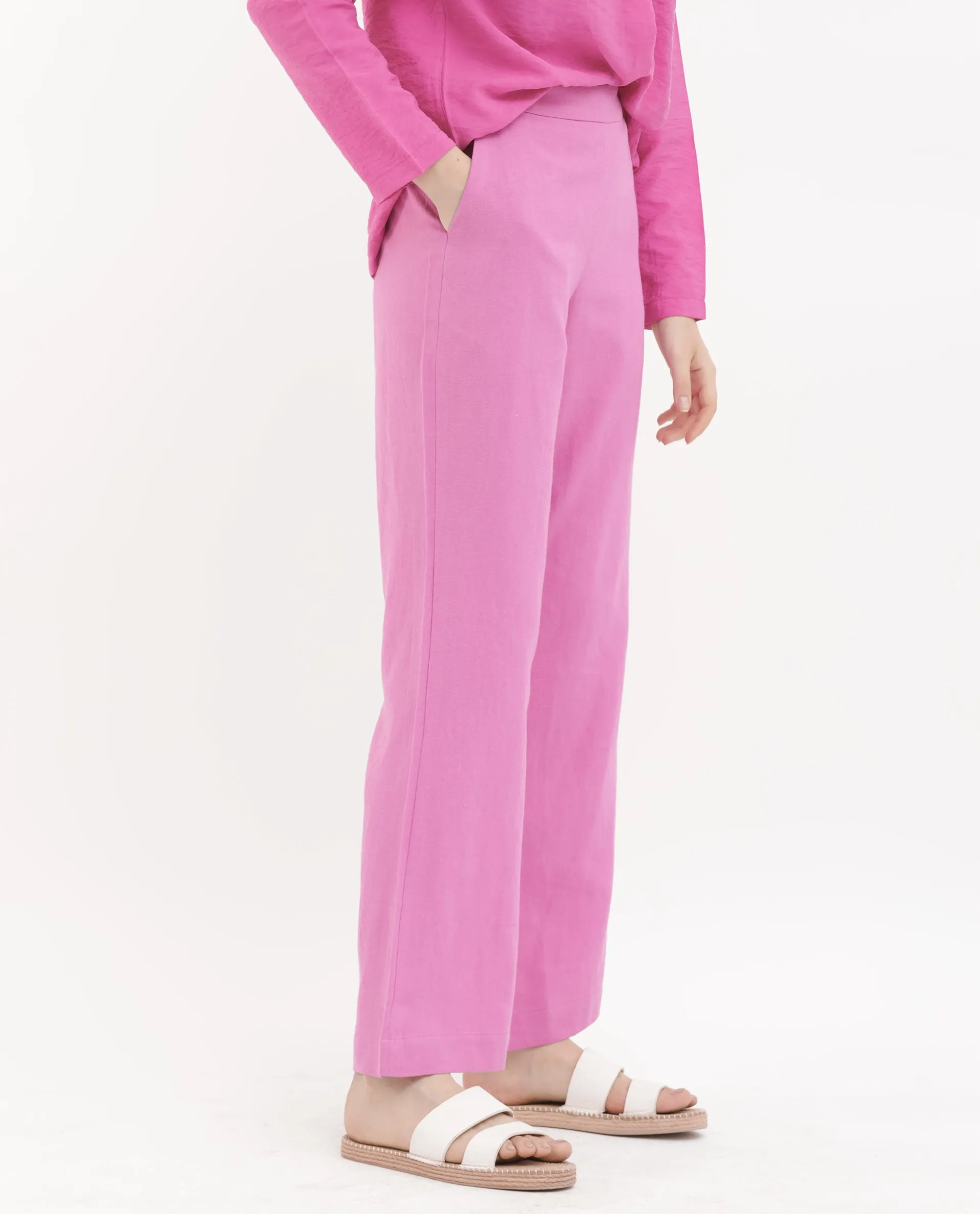 Rareism Women Rica Pastel Pink Cotton Linen Fabric Zip Closure Wide Leg Fit Plain Ankle Length Trousers