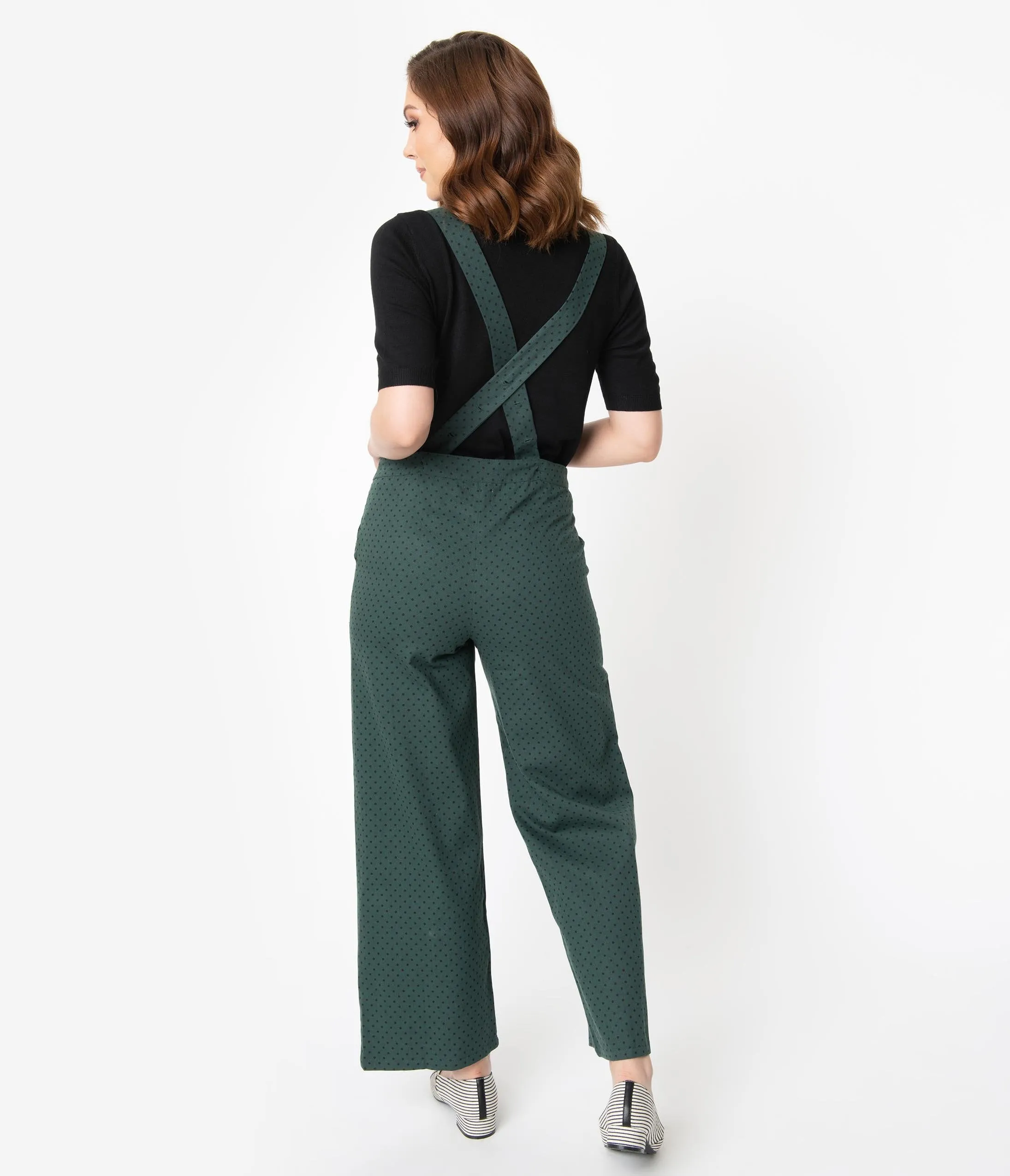 Retro Style Emerald Green & Black Pin Dot Cotton Overalls