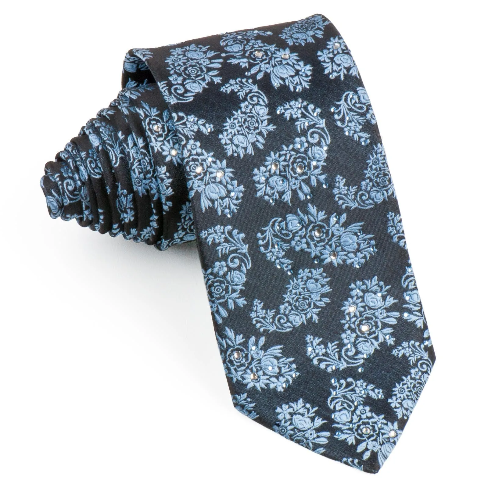 Saint Honore Men's Silk Rhinestone Neck Tie Blue Paisley Floral On Navy