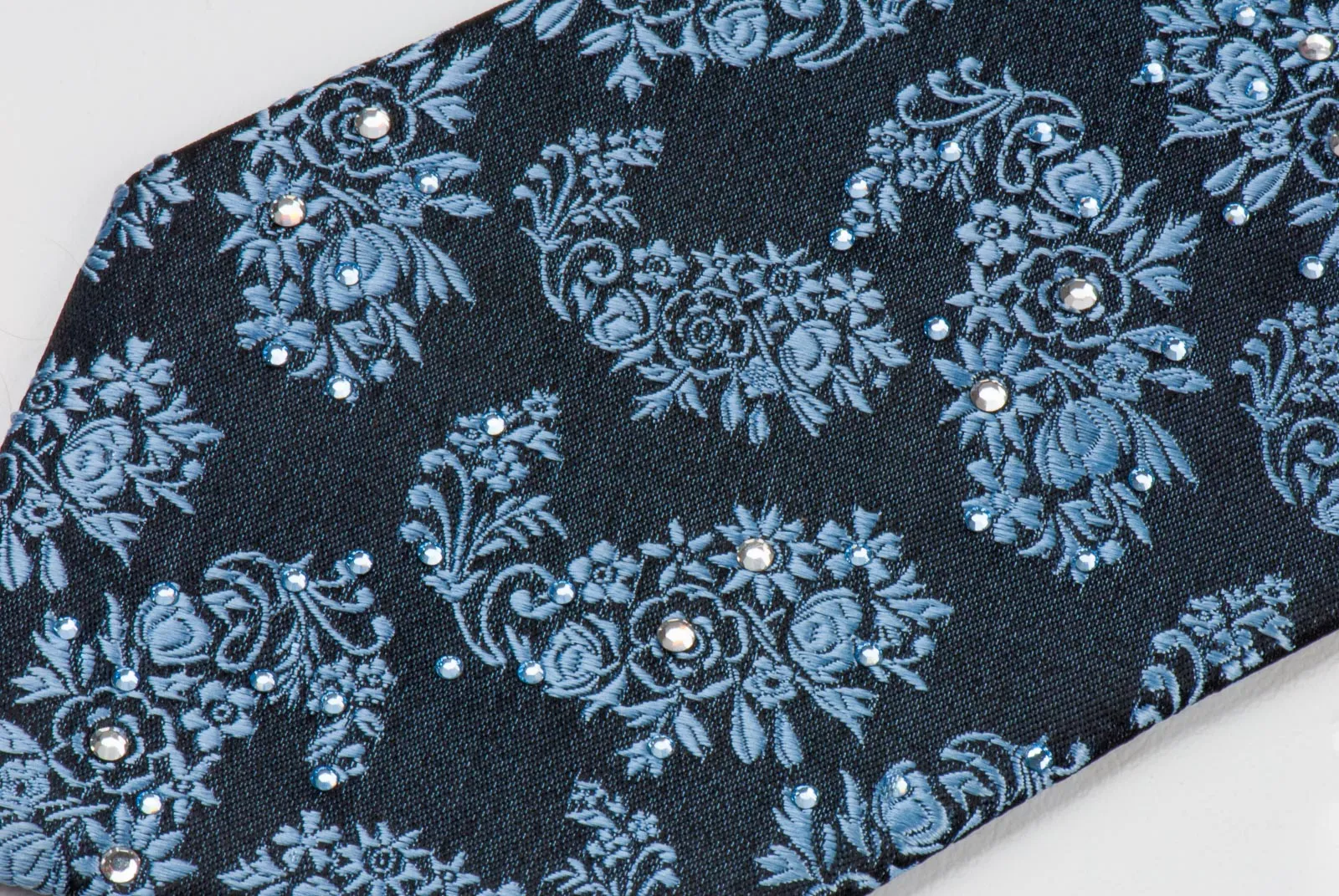 Saint Honore Men's Silk Rhinestone Neck Tie Blue Paisley Floral On Navy