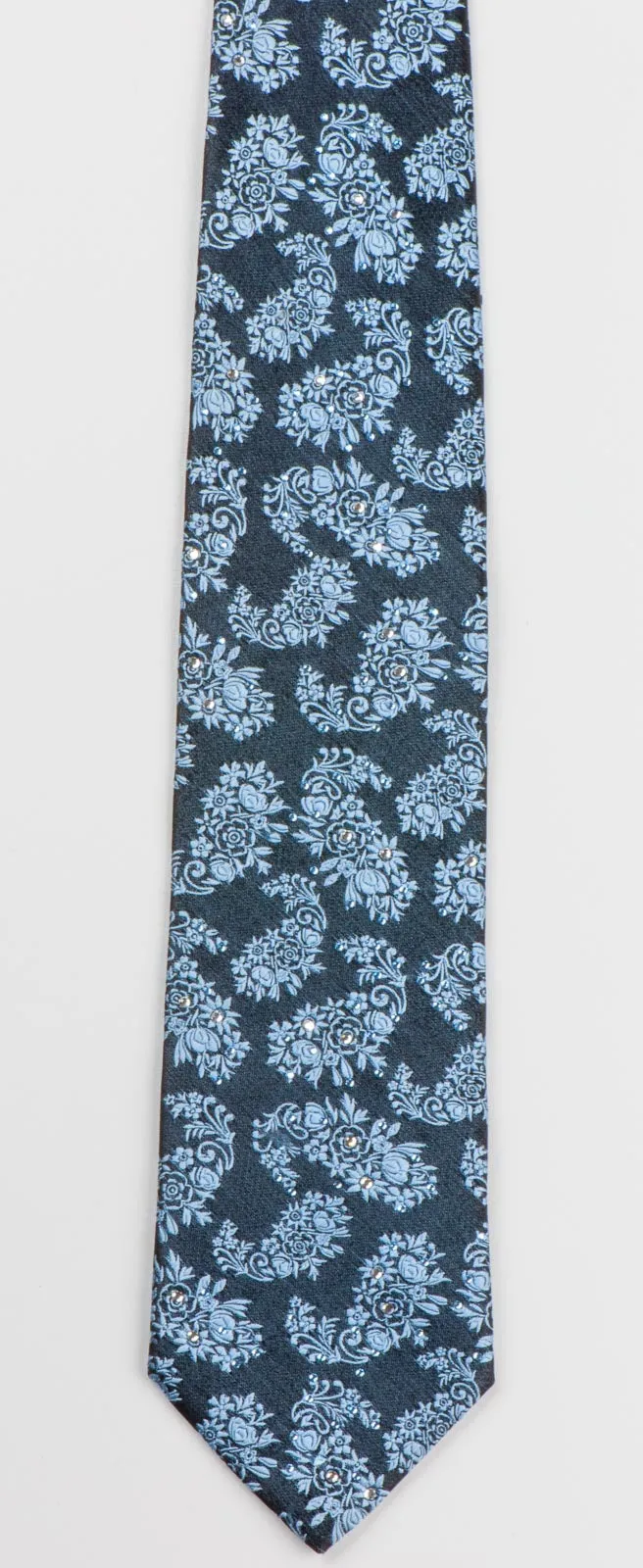 Saint Honore Men's Silk Rhinestone Neck Tie Blue Paisley Floral On Navy