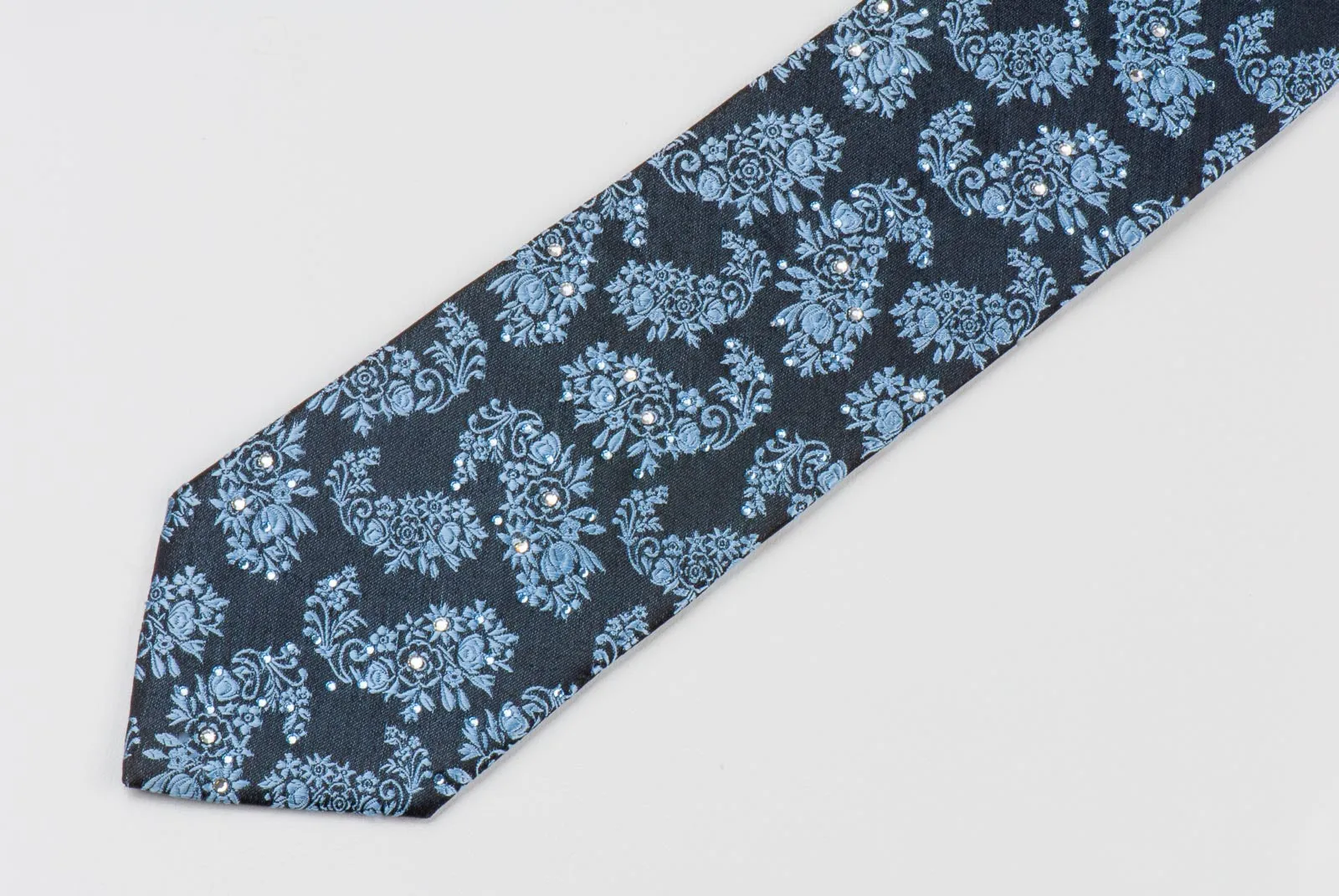 Saint Honore Men's Silk Rhinestone Neck Tie Blue Paisley Floral On Navy