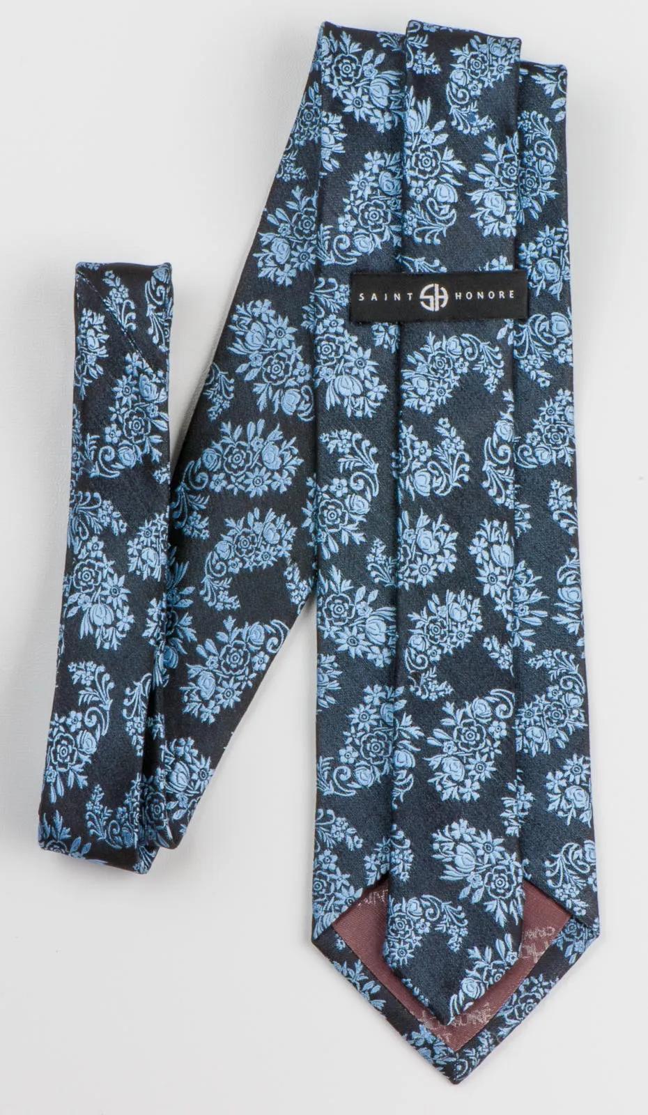 Saint Honore Men's Silk Rhinestone Neck Tie Blue Paisley Floral On Navy