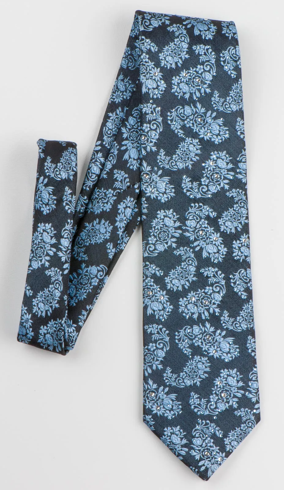 Saint Honore Men's Silk Rhinestone Neck Tie Blue Paisley Floral On Navy