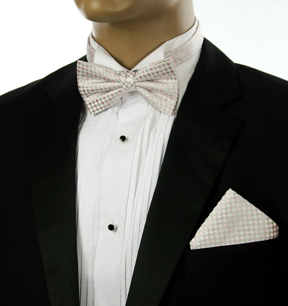 Silver and Pink Silk Bow Tie and Pocket Square