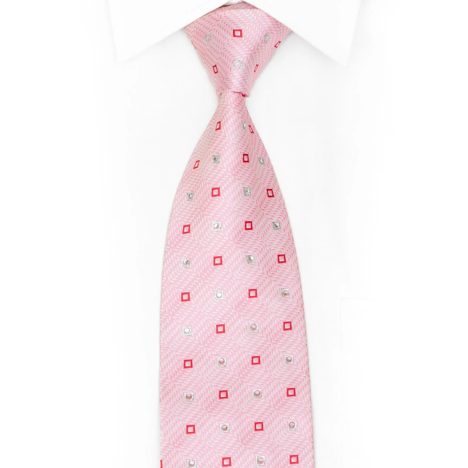 Silver Pink Red Geometric Rhinestone Necktie With Silver Sparkles