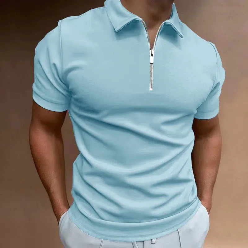 Summer Men's Solid Color Polo Shirt Short Sleeve Turn-Down Collar Zipper Tshirts &for Men Casual Streetwear New Male Tops