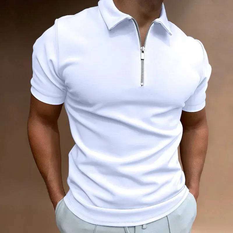 Summer Men's Solid Color Polo Shirt Short Sleeve Turn-Down Collar Zipper Tshirts &for Men Casual Streetwear New Male Tops