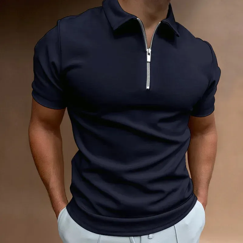 Summer Men's Solid Color Polo Shirt Short Sleeve Turn-Down Collar Zipper Tshirts &for Men Casual Streetwear New Male Tops