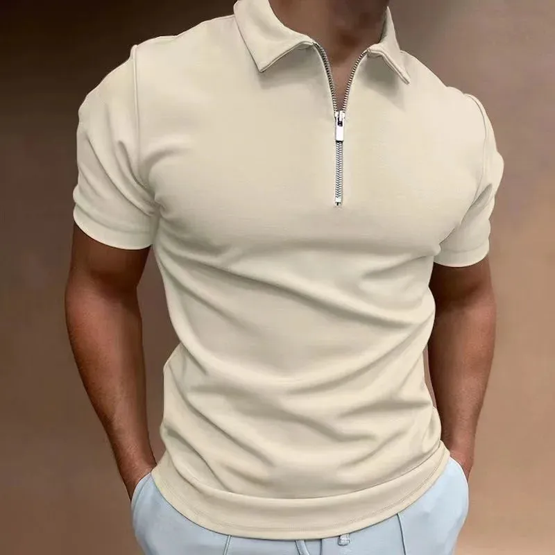 Summer Men's Solid Color Polo Shirt Short Sleeve Turn-Down Collar Zipper Tshirts &for Men Casual Streetwear New Male Tops