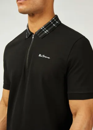 Tartan collar polo - black