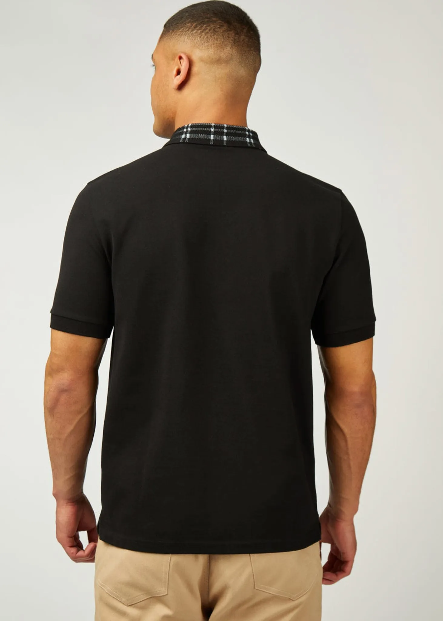 Tartan collar polo - black