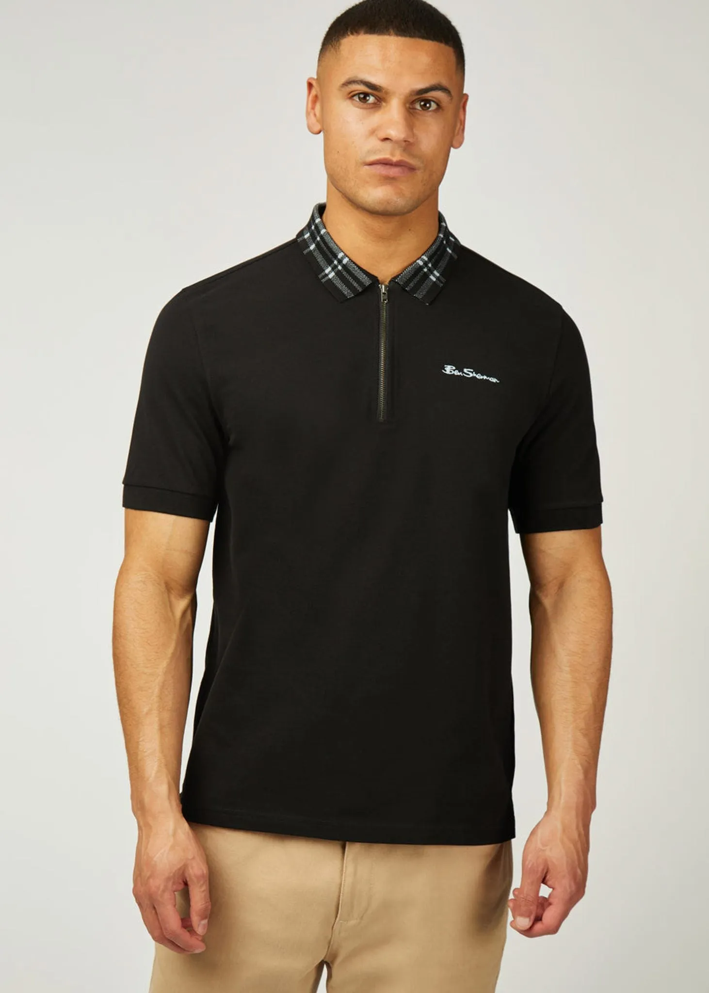 Tartan collar polo - black