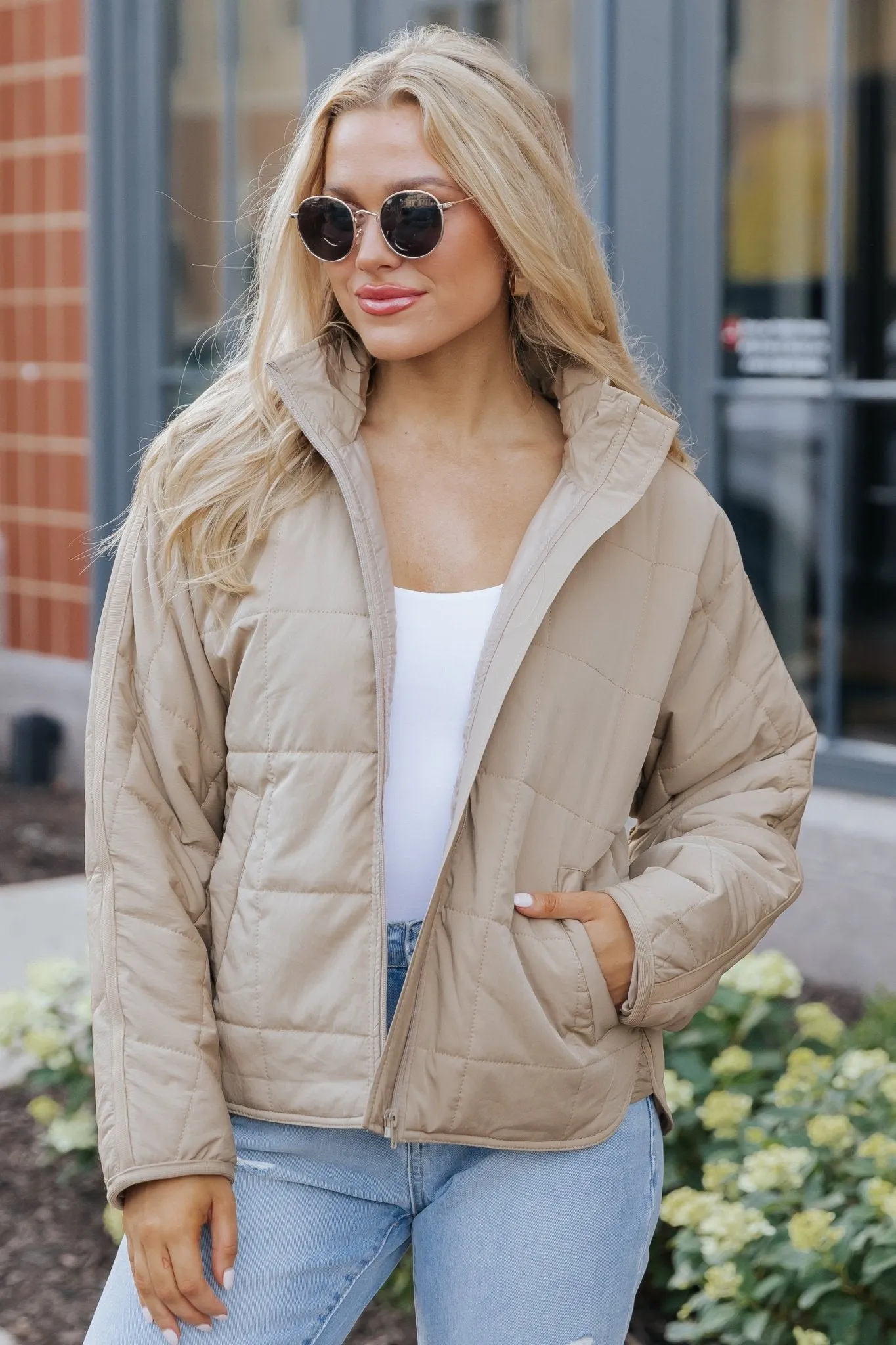 Taupe Zip Up Puffer Jacket