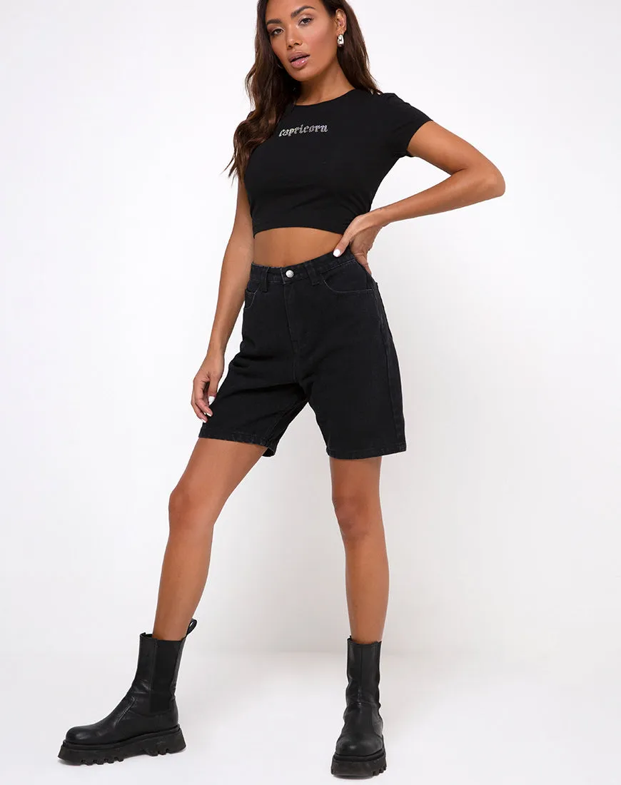 Tiney Crop Top Tee in Black 'Capricorn' Diamante by Motel