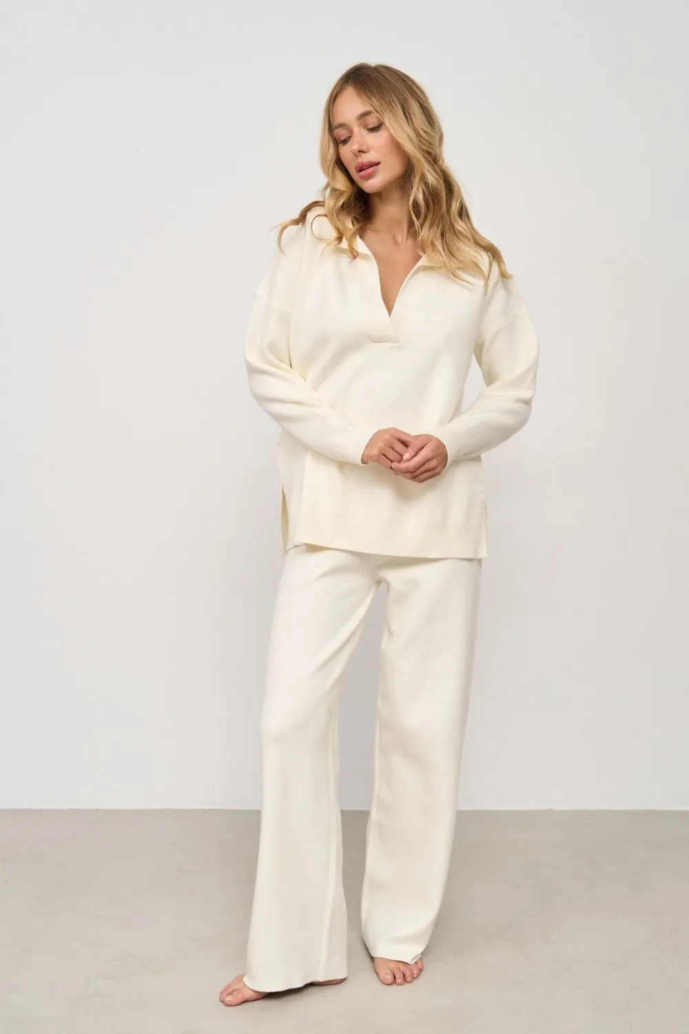 Two piece milk suit with Relaxed Fit Polo Sweater and Palazzo Pants