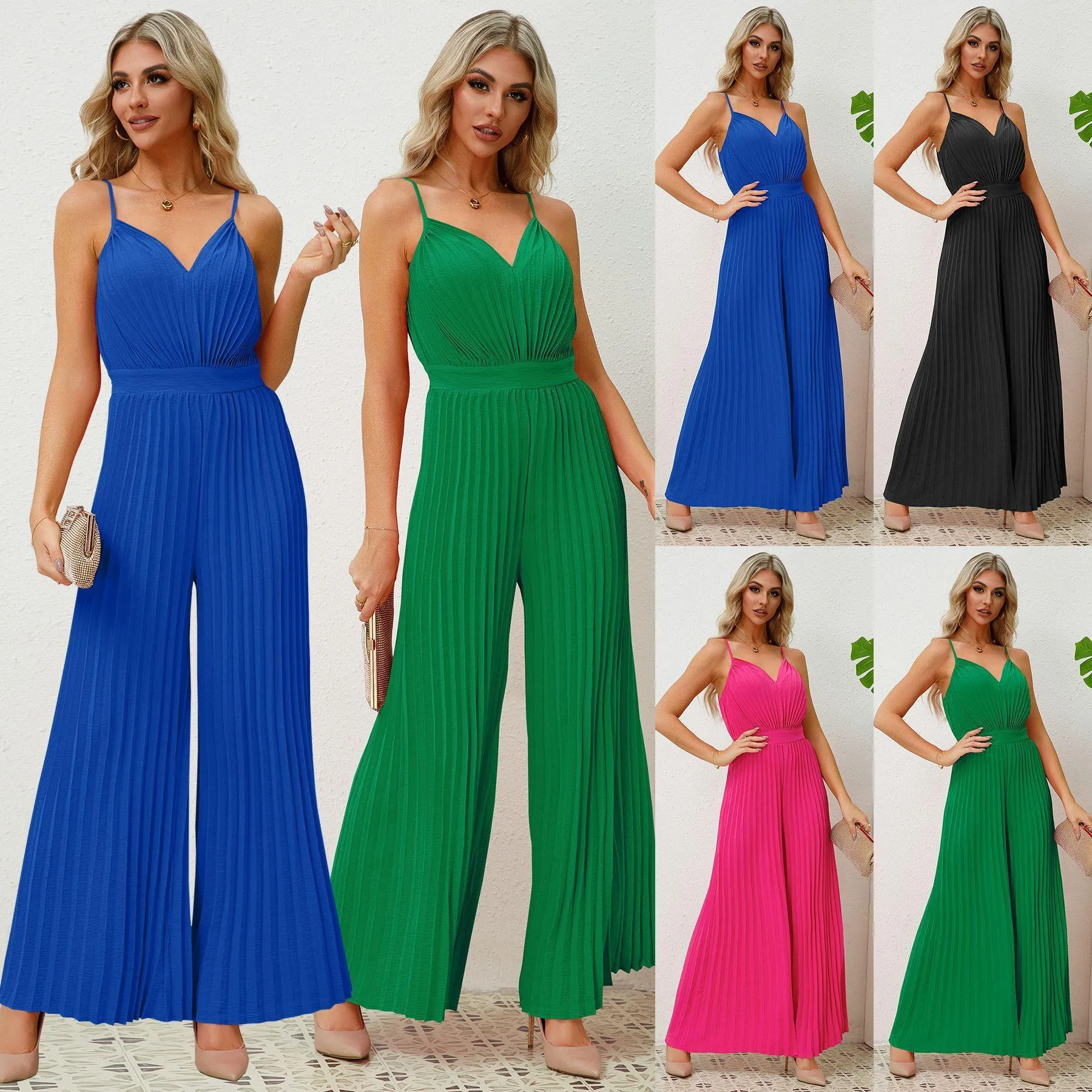 V-neck Suspender Pleated Jumpsuit Solid Color Loose Straight Pants