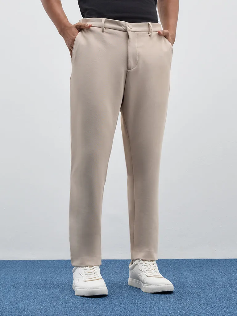 WES Formals Light Beige Solid Relaxed Mid-Rise Trousers