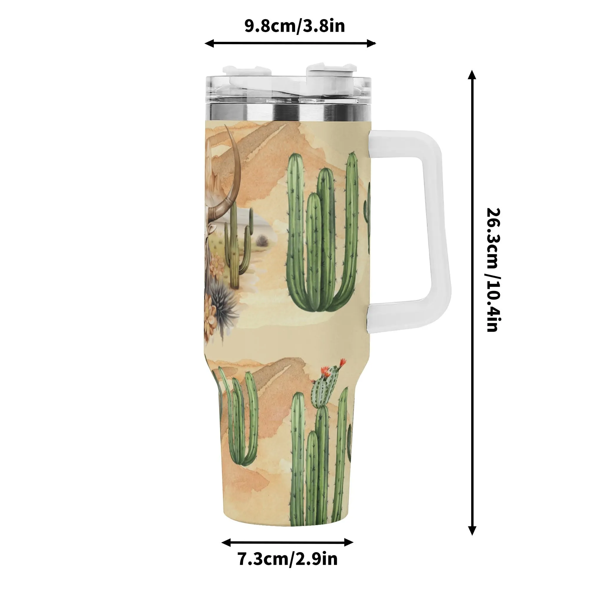 Western Bull Skull & Cactus  40oz Stainless Steel Tumbler With Handle and Straw