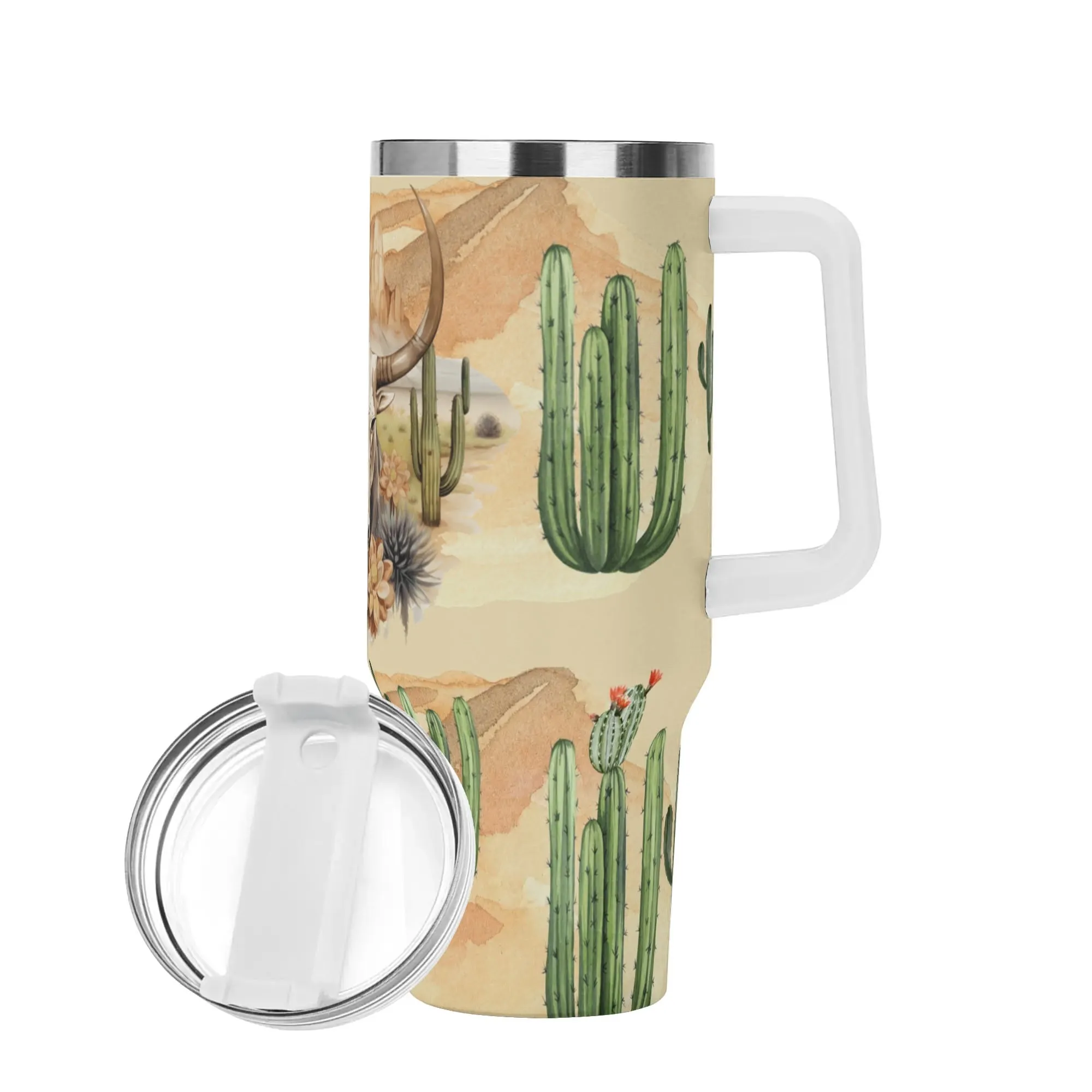 Western Bull Skull & Cactus  40oz Stainless Steel Tumbler With Handle and Straw