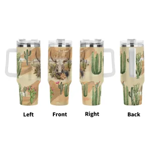 Western Bull Skull & Cactus  40oz Stainless Steel Tumbler With Handle and Straw