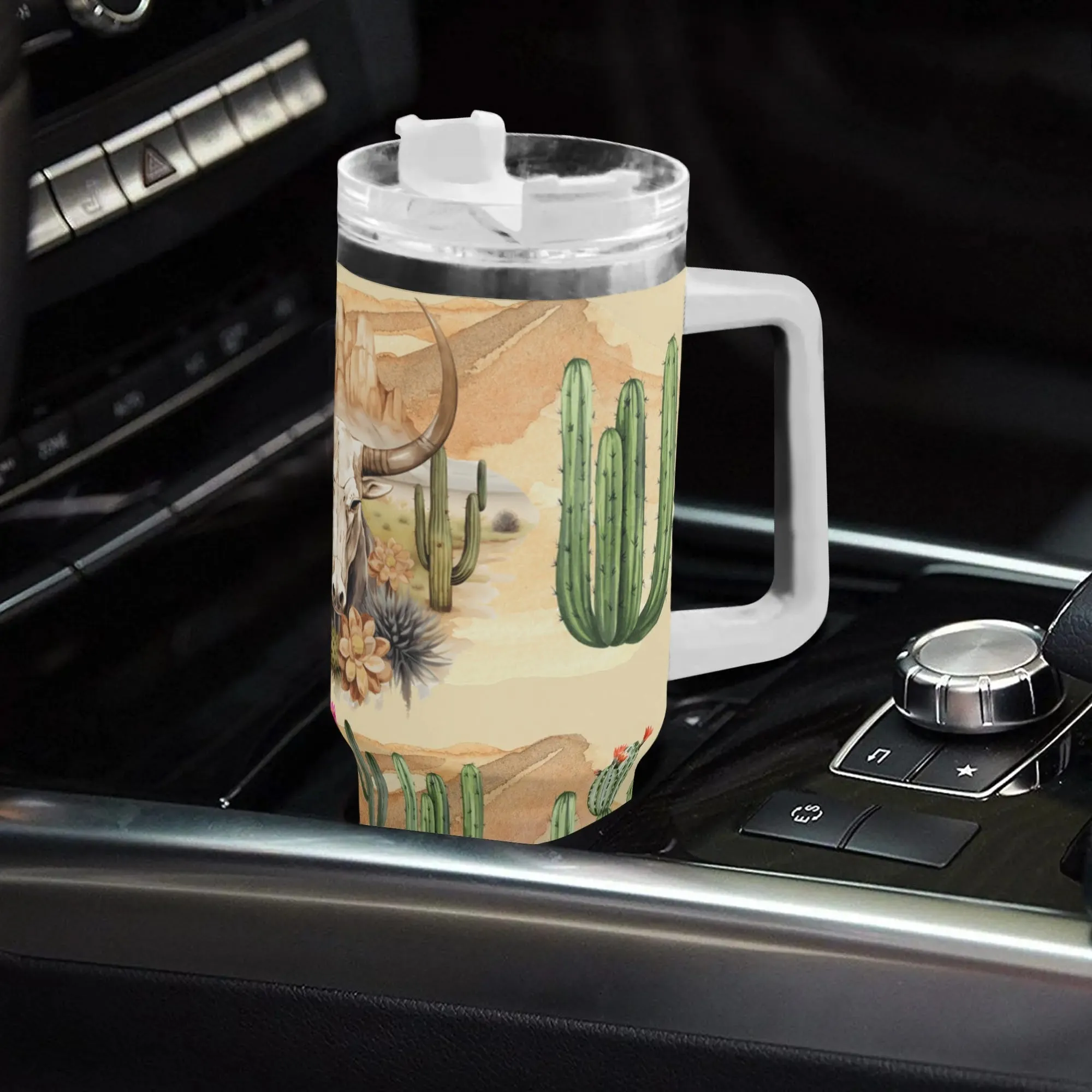 Western Bull Skull & Cactus  40oz Stainless Steel Tumbler With Handle and Straw