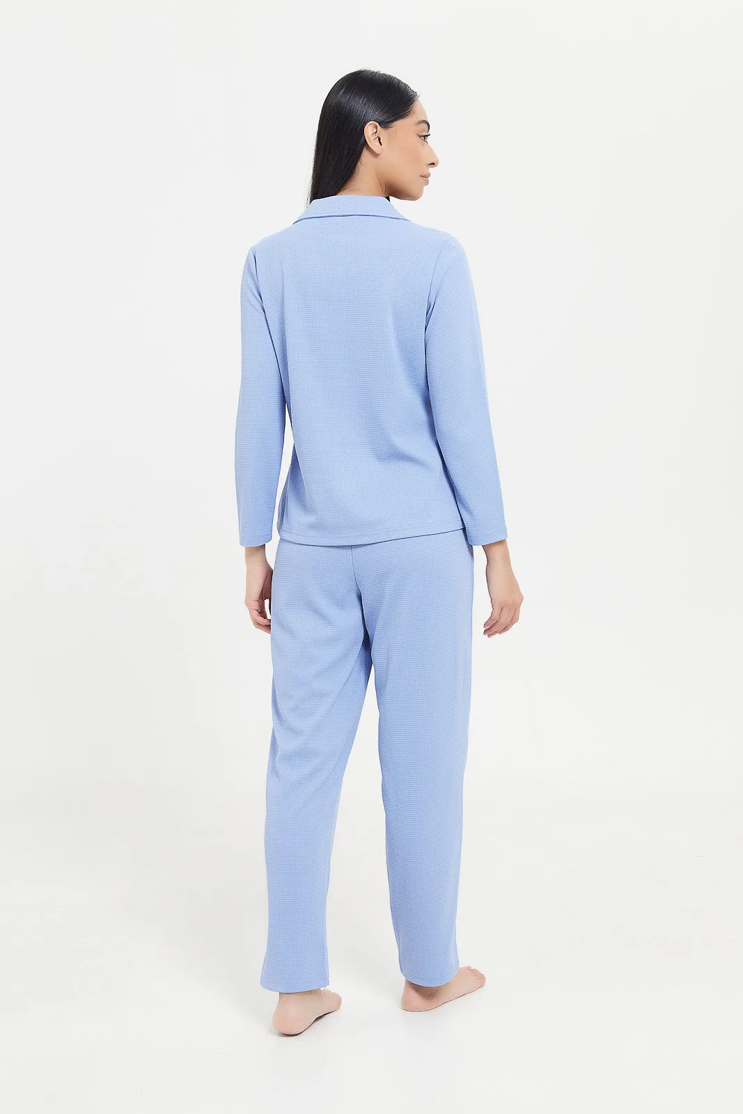 Women Blue Waffle Plain Pajama Set (2 Piece)