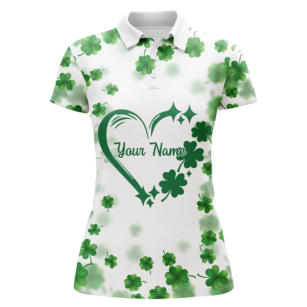 Women Golf Polos Shirts Custom Green Clover Heart St Patrick's Day Pattern Ladies Golf Polos