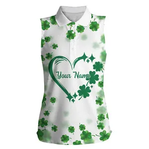 Women Golf Polos Shirts Custom Green Clover Heart St Patrick's Day Pattern Ladies Golf Polos